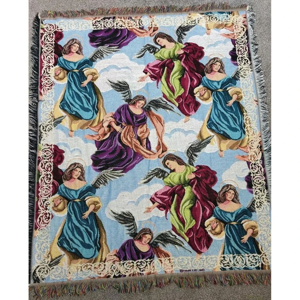 Vintage Angel Tapestry Throw Blanket Woven Fringe Religious Christian 54x46